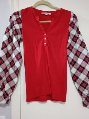 LOFT Red Henley Top with Plaid Sleeves